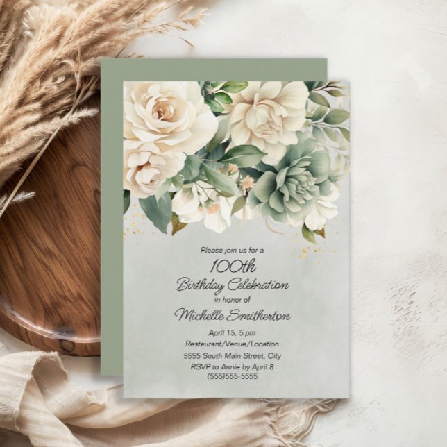White Sage Green Floral Gold 100th Birthday Invitation (White and sage green floral 100th birthday invitation)