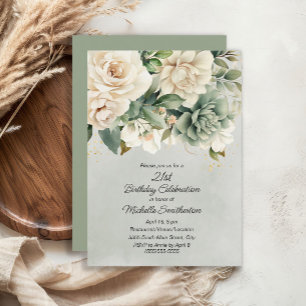 White Sage Green Floral Gold 21st Birthday Invitation