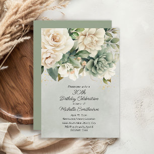 White Sage Green Floral Gold 30th Birthday Invitation