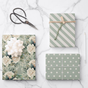 White Sage Green Floral Striped Polka Dots Wrapping Paper Sheet