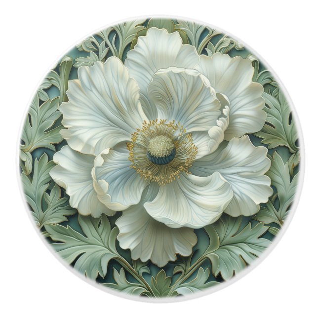 White Sage Green Flower Art Nouveau Ceramic Knob (Front)