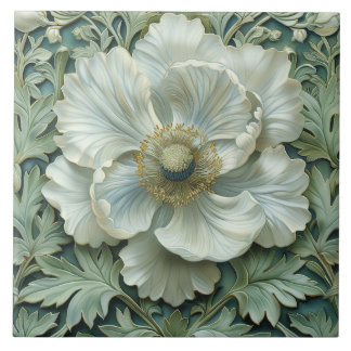 White Sage Green Flower Art Nouveau Tile