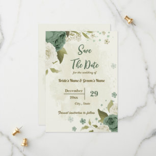 white & sage green flowers botanical wedding save the date
