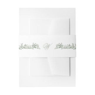 white sage green leafy arms monogram wedding invitation belly band