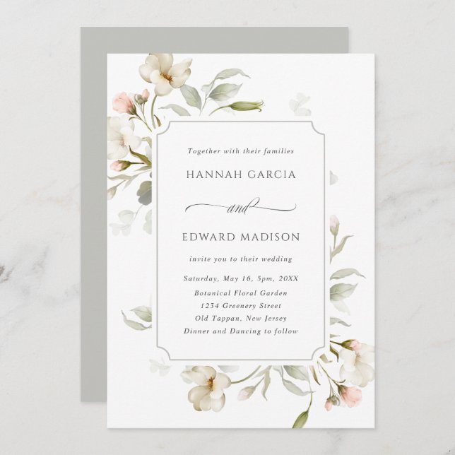 White Sage Grey Elegant Floral Wedding  Invitation (Front/Back)