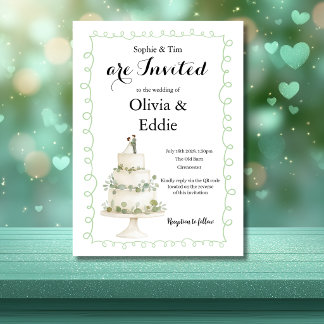 White & Sage Wedding Cake QR Code Invitation