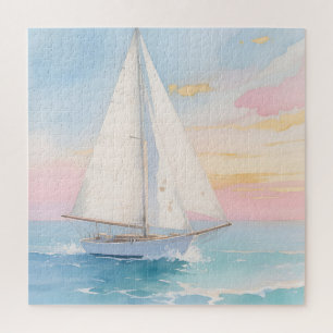 White Sailboat Ocean Glow Jigsaw Puzzle