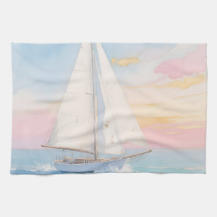 White Sailboat Ocean Glow Kitchen Towel