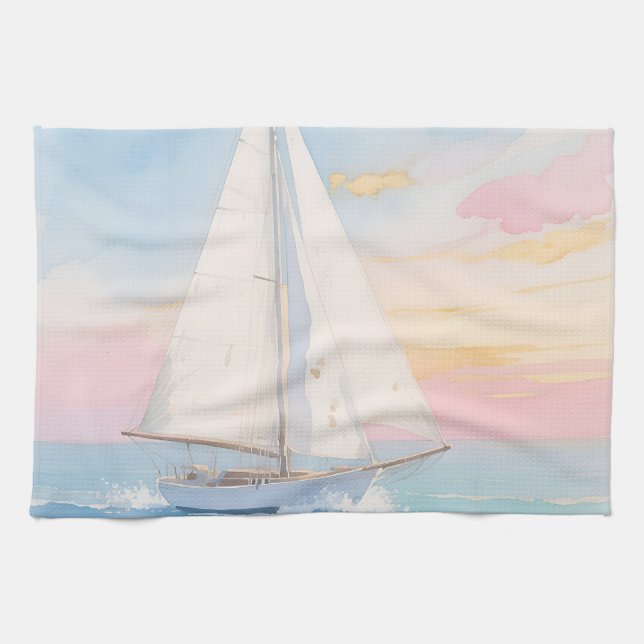 White Sailboat Ocean Glow Kitchen Towel (Horizontal)