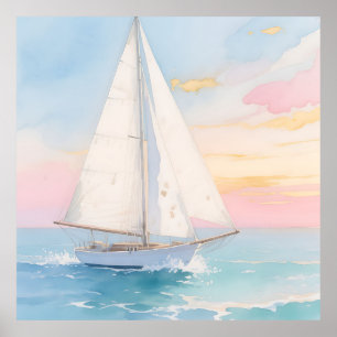 White Sailboat Ocean Glow Poster