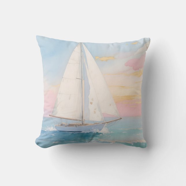 White Sailboat Ocean Glow Throw Pillow (Front)