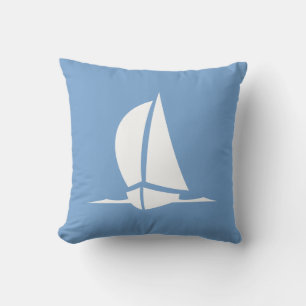 White sailboat on blue   Nautical Stripes on back Outdoor Pillow