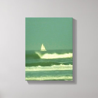 White Sailboat on Green Ocean Water Canvas Print