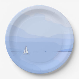 White Sailing boat in the lake on blue sky Paper Plate