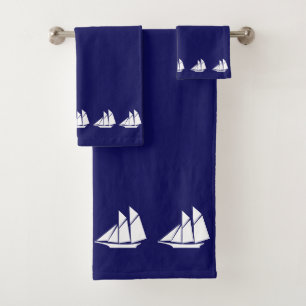 White Sailing Yachts on Navy Blue Bath Towel Set