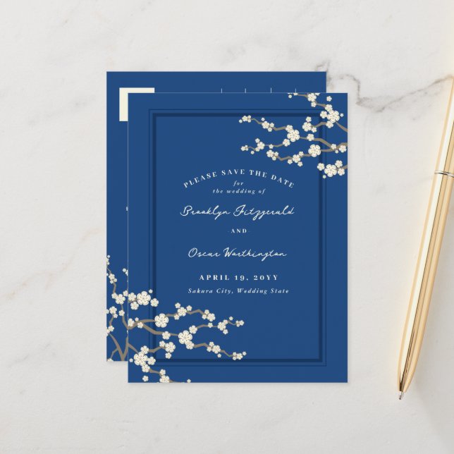 White Sakura Cherry Blossoms Asian Save The Date Announcement Postcard (Front/Back In Situ)
