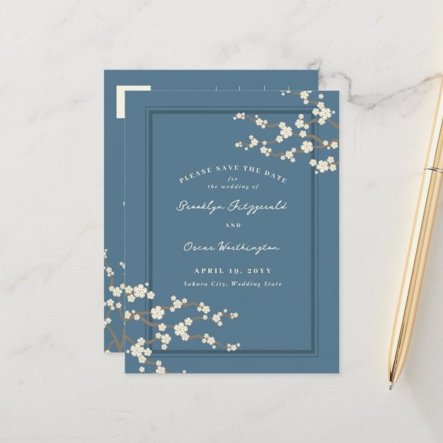 White Sakura Cherry Blossoms Asian Save The Date Announcement Postcard (Front/Back In Situ)