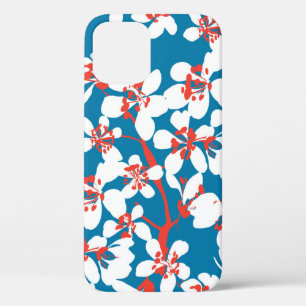 White sakura, classic blue background pattern. iPhone 12 case