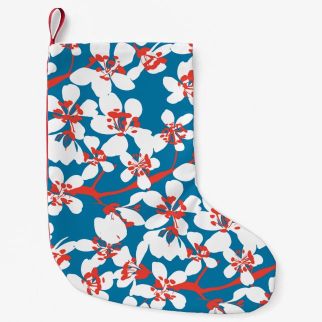 White sakura, classic blue background pattern. small christmas stocking (Front)