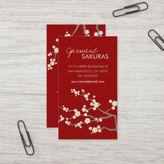 White Sakura Oriental Cherry Blossoms Elegant Chic Business Card (Front/Back In Situ)