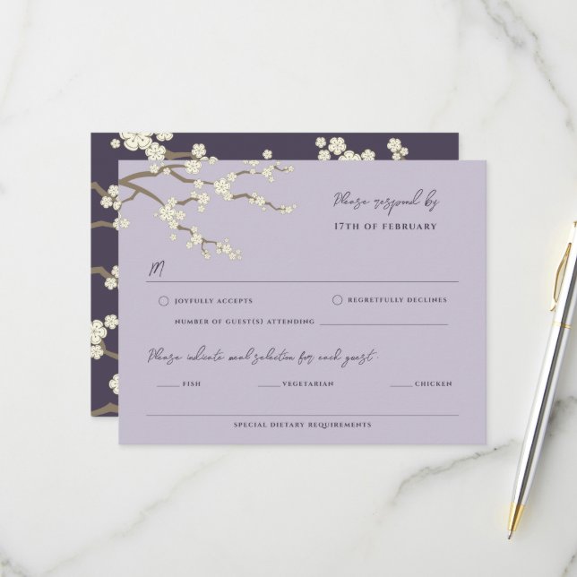 White Sakura Zen Cherry Blossoms Asian Wedding RSVP Card (Front/Back In Situ)