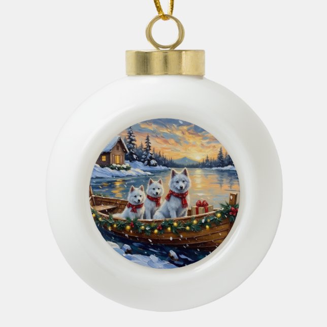 White Samoyed Christmas Boat Holiday Ceramic Ball Christmas Ornament (Front)