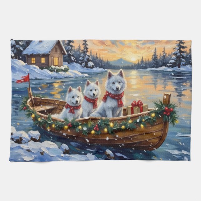 White Samoyed Christmas Boat Holiday Kitchen Towel (Horizontal)