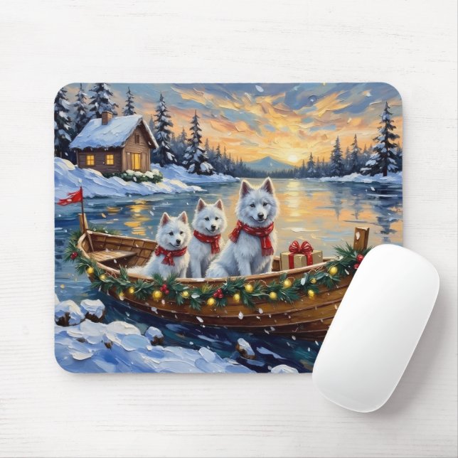 White Samoyed Christmas Boat Holiday Mouse Pad (With Mouse)