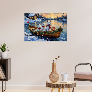 White Samoyed Christmas Boat Holiday Poster