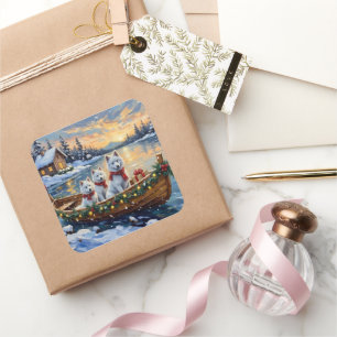 White Samoyed Christmas Boat Holiday Square Sticker