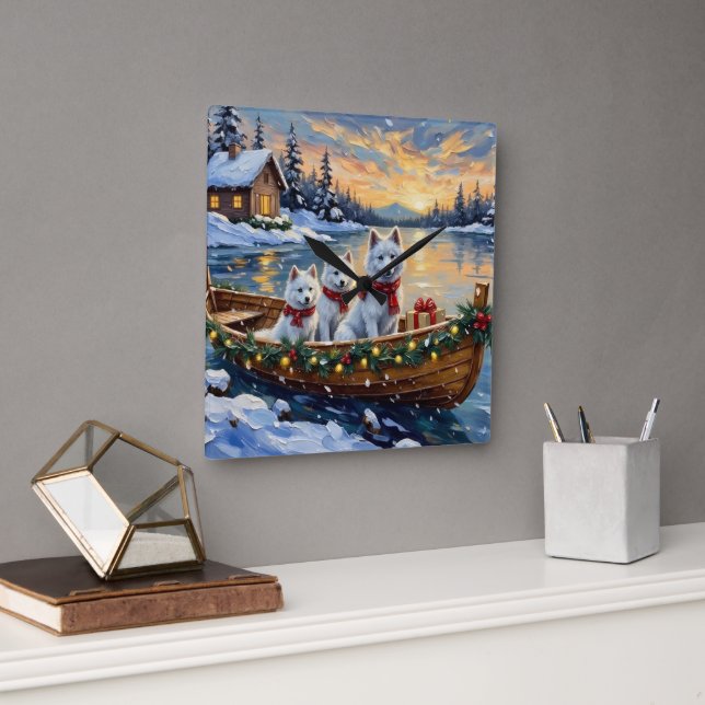 White Samoyed Christmas Boat Holiday Square Wall Clock (Office)