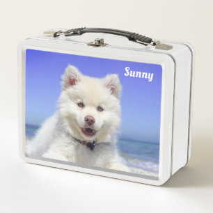 White Samoyed Dog on Light Blue Metal Lunch Box