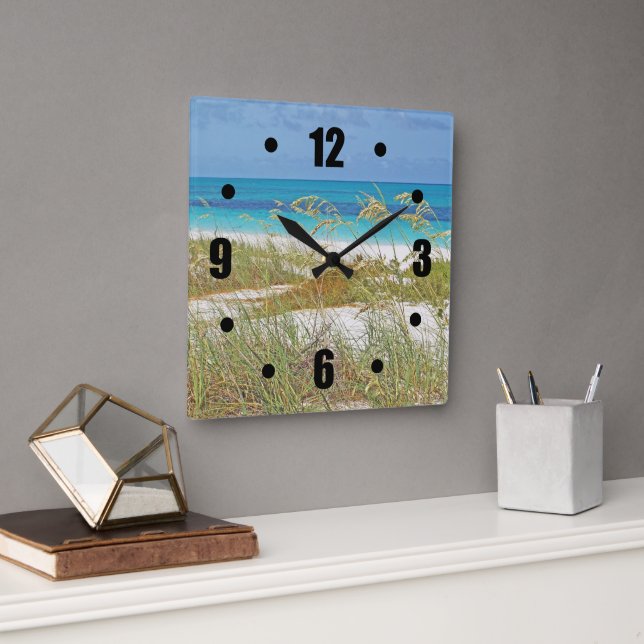 "WHITE SAND BEACH, SEA GRASS, BLUE-GREEN WATER" SQUARE WALL CLOCK (Office)