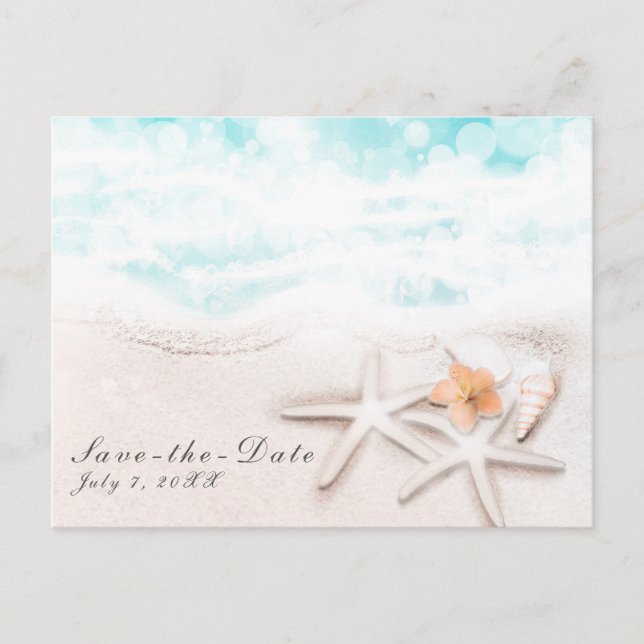 White Sand Beach Starfish Blue Ocean Save the Date Announcement Postcard (Front)