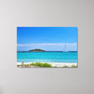 White sand beach turquoise water rocks & sailboat canvas print