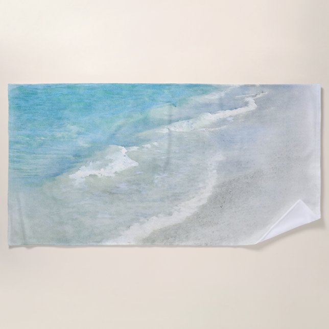 White Sand Beach Watercolor - Teal Aqua Turquoise Beach Towel (Front)