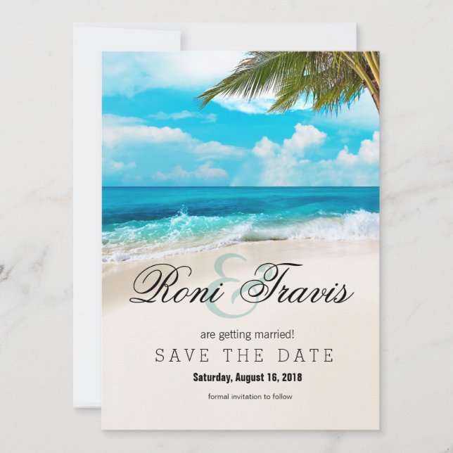 White Sands Beach Palm Tree Save the Date (Front)