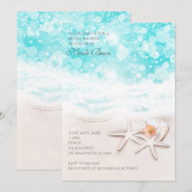 White Sandy Beach Starfish Blue Ocean Invitation (Front/Back)