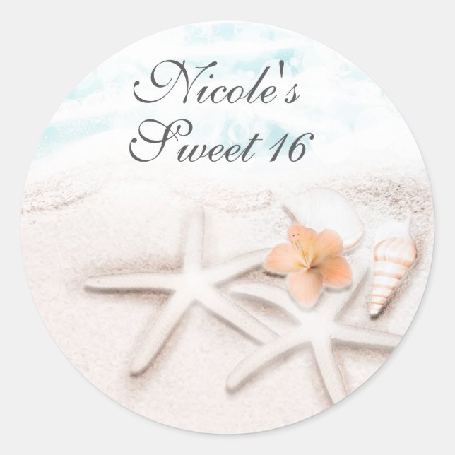 White Sandy Beach Starfish Blue Ocean Party Favour Classic Round Sticker (Front)