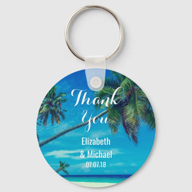 White Sandy Beach with Coconut Palms Wedding Keychain (Front)