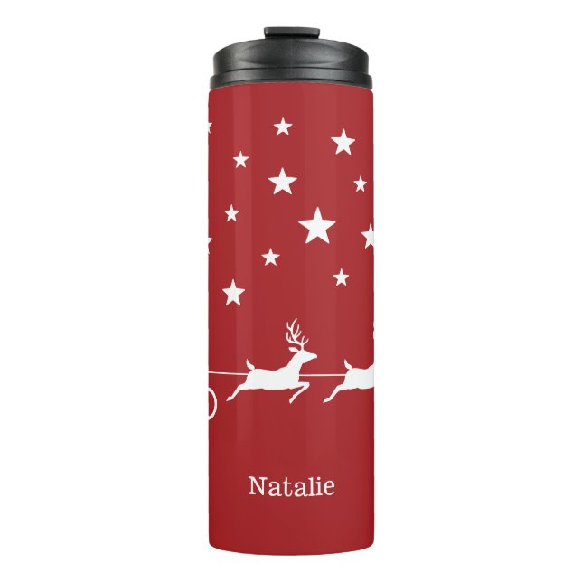 White Santa Christmas Sleigh & Custom Name On Red Thermal Tumbler (Front)