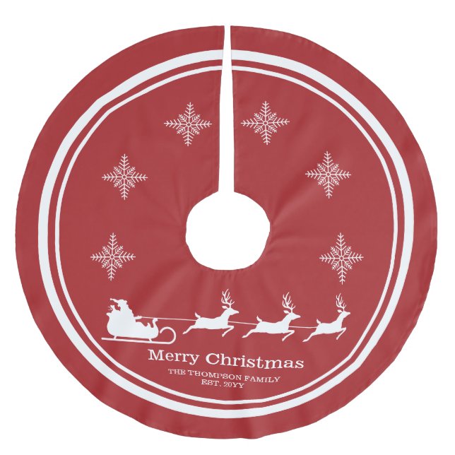 White Santa Sleigh And Merry Christmas Text On Red Brushed Polyester Tree Skirt (Front)