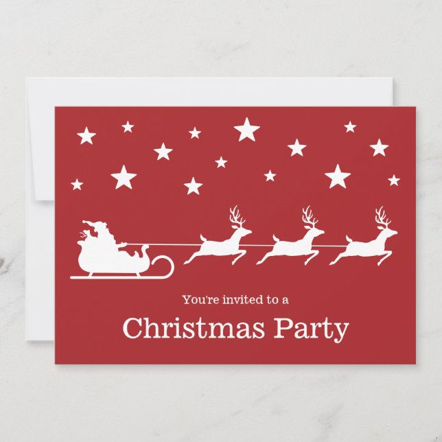 White Santa Sleigh On Red - Christmas Party Invitation (Front)