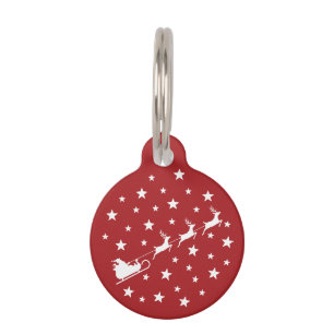 White Santa Sleigh With Reindeers And Stars On Red Pet Tag