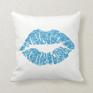 White Sapphire Blue Glitter Kiss Lips Makeup Throw Pillow