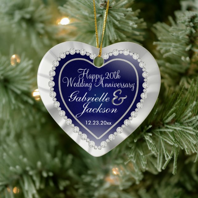 White Satin & Diamonds Wedding Keepsake |Navy Blue Ceramic Ornament (Tree)