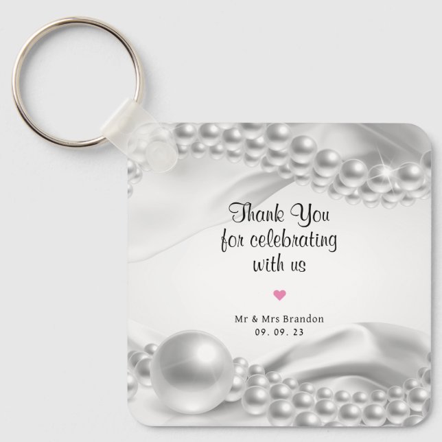 White Satin Fabric Pearls Thank You Favour Gift Keychain (Front)