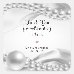 White Satin Fabric Pearls Wedding And Anniversary Square Sticker