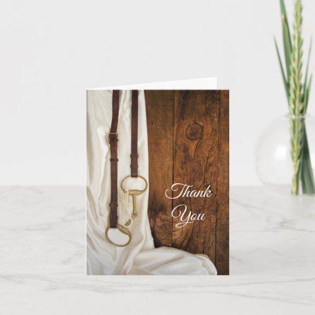 White Satin Horse Bit Western Wedding Thank You Card (Front)