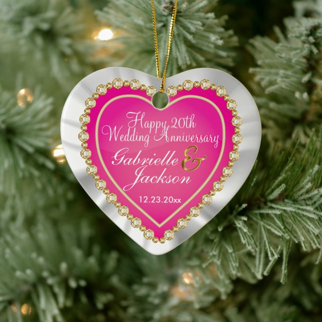 White Satin & Pink Heart Wedding Keepsake Ceramic  Ceramic Ornament (Tree)
